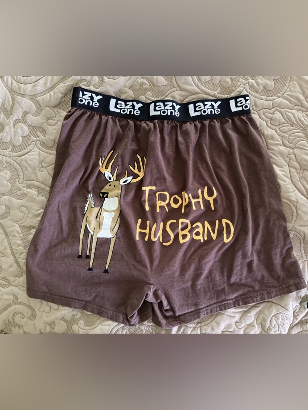 Lazy One Men's Brown 'Trophy Husband' Lounge Shorts with Yellow Graphic